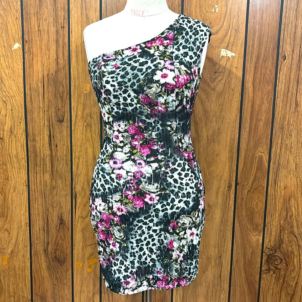 One-Shoulder Floral & Leopard Print Mini Dress Size Medium